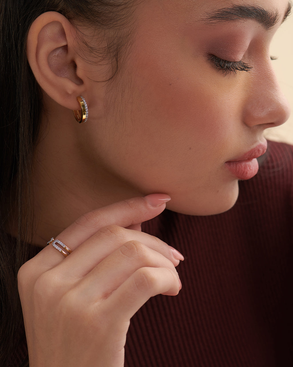 Two Band Diamond Hoops, 14K Solid Gold, 1/4 ct Lab Grown Diamond-2