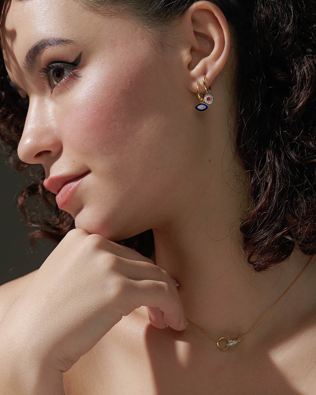 Cera Evil Eye Small Hoops, 14K Gold Vermeil, 1/8 ct Lab Grown Diamond-2