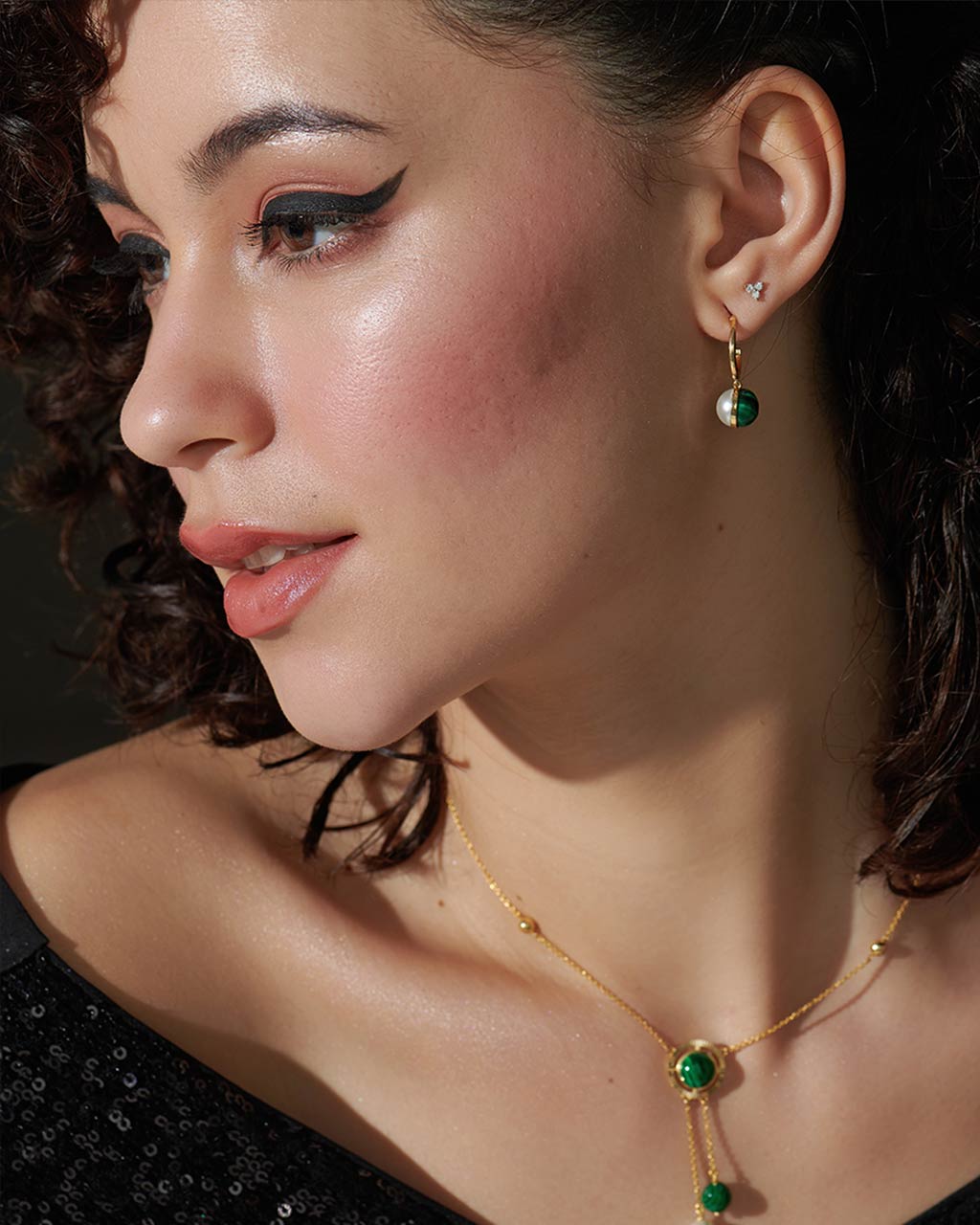 Harmony Pearl Malachite Small Hoops, 14K Gold Vermeil-5