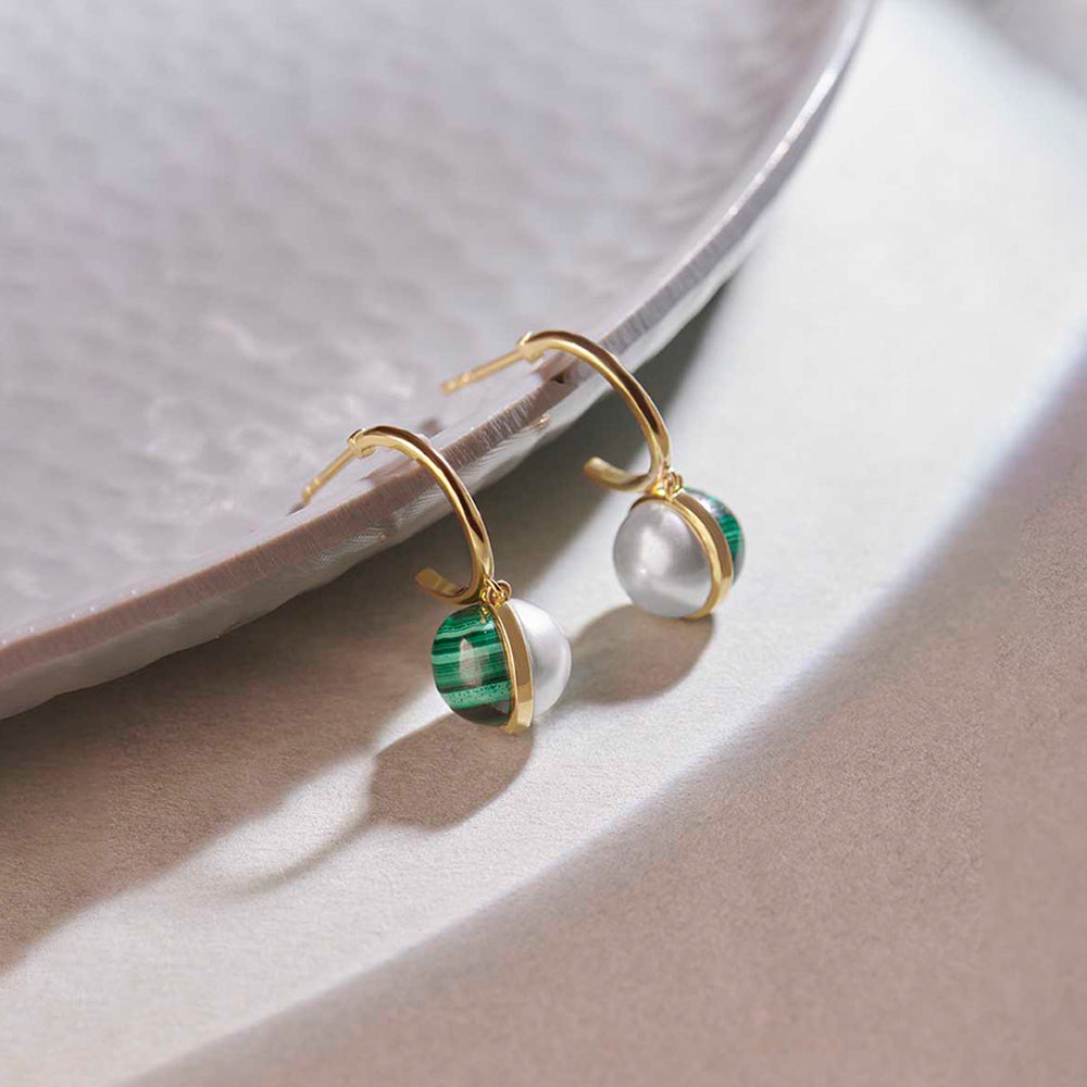 Harmony Pearl Malachite Small Hoops, 14K Gold Vermeil-1
