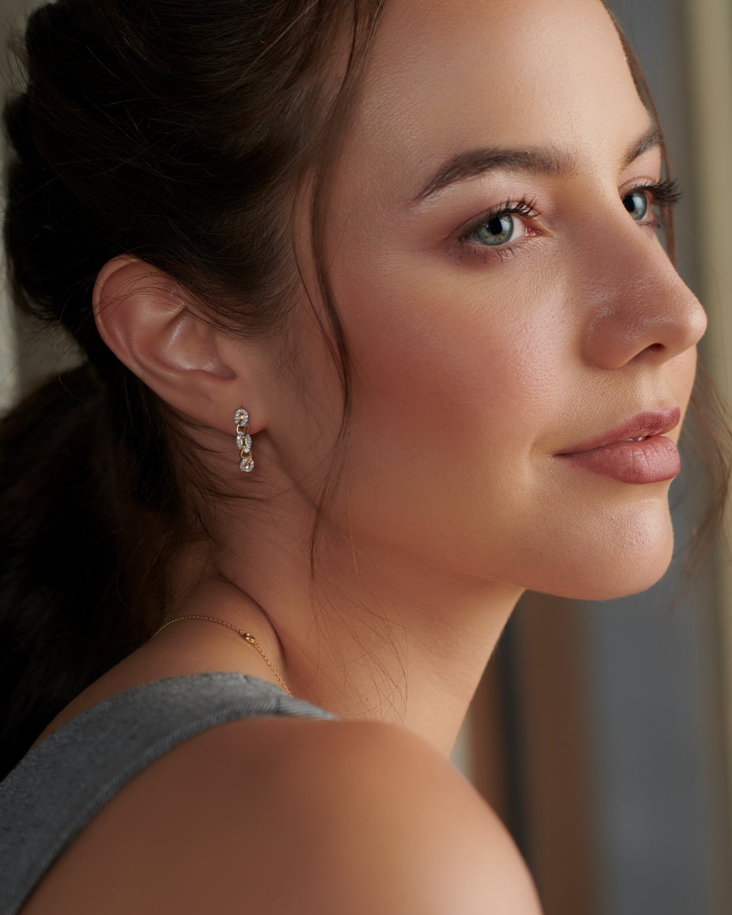 Chain Link Diamond Hoops, 14K Solid Gold, 1/3 ct Lab Grown Diamond-2
