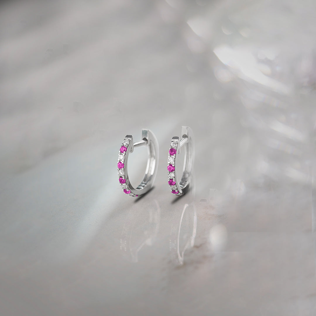 Created Ruby Diamond Hoops, 14K Solid Gold, 1/10 ct Lab Grown Diamond-1