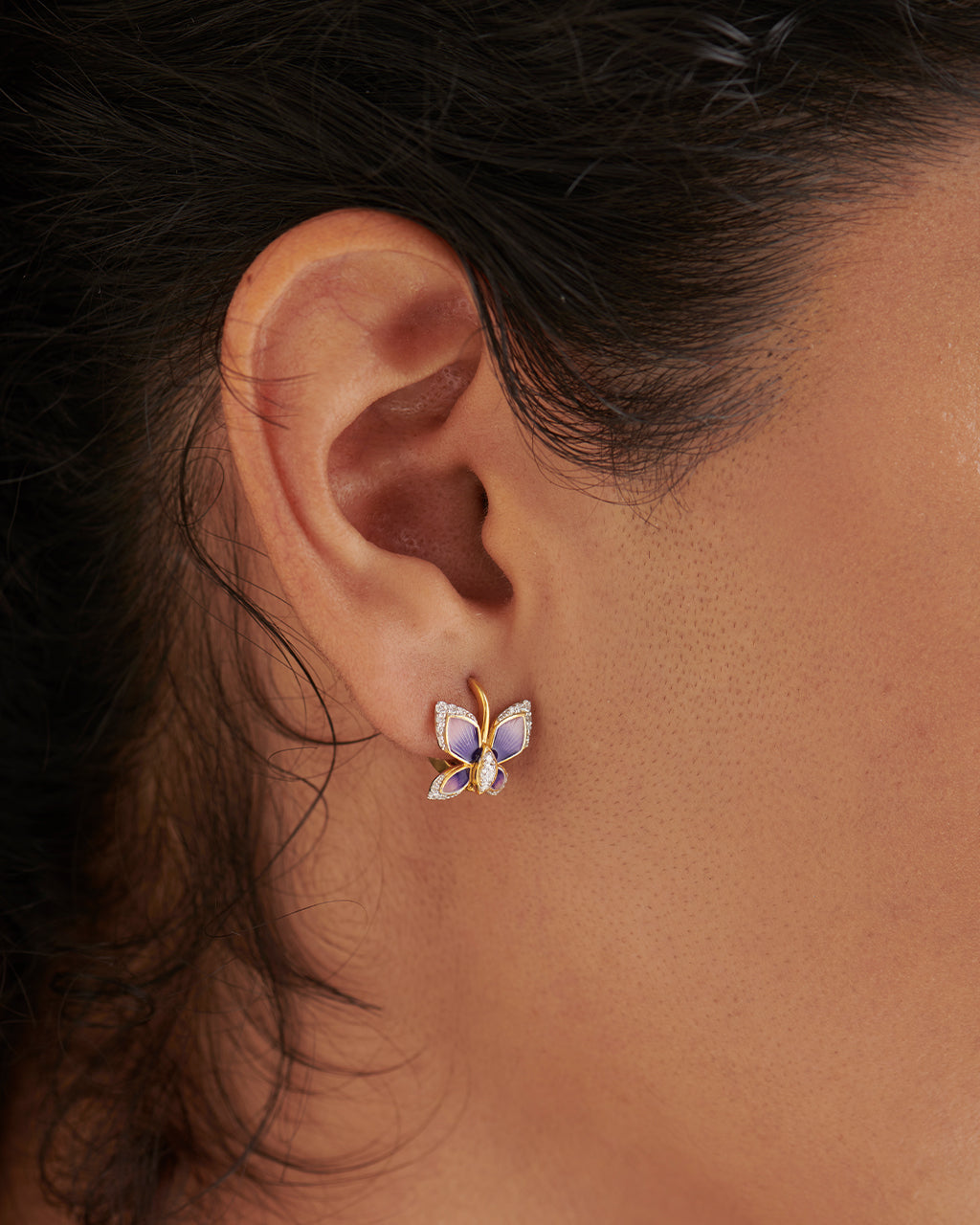 Enamel Butterfly Hoops, 14K Solid Gold, 1/4 ct Lab Grown Diamond-2