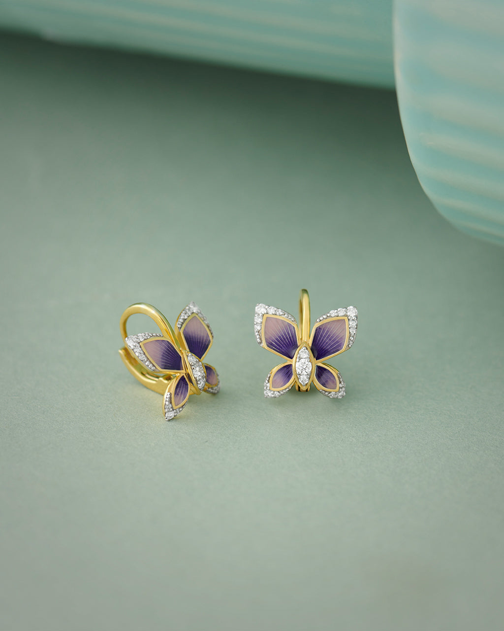 Enamel Butterfly Hoops, 14K Solid Gold, 1/4 ct Lab Grown Diamond-5