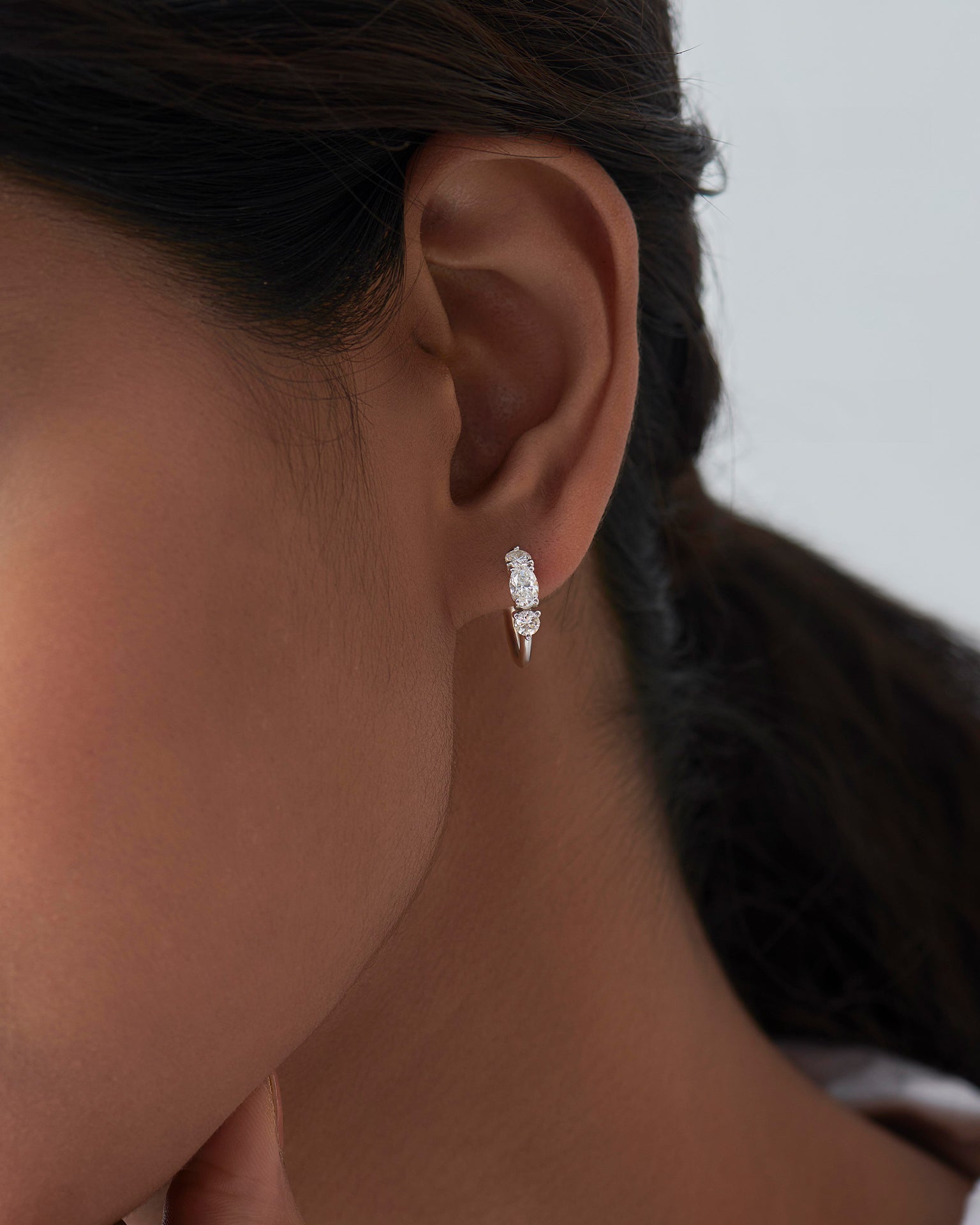 Trio Solitaire Hoop Earrings, Sterling Silver,1 ct Lab Grown Diamond-4