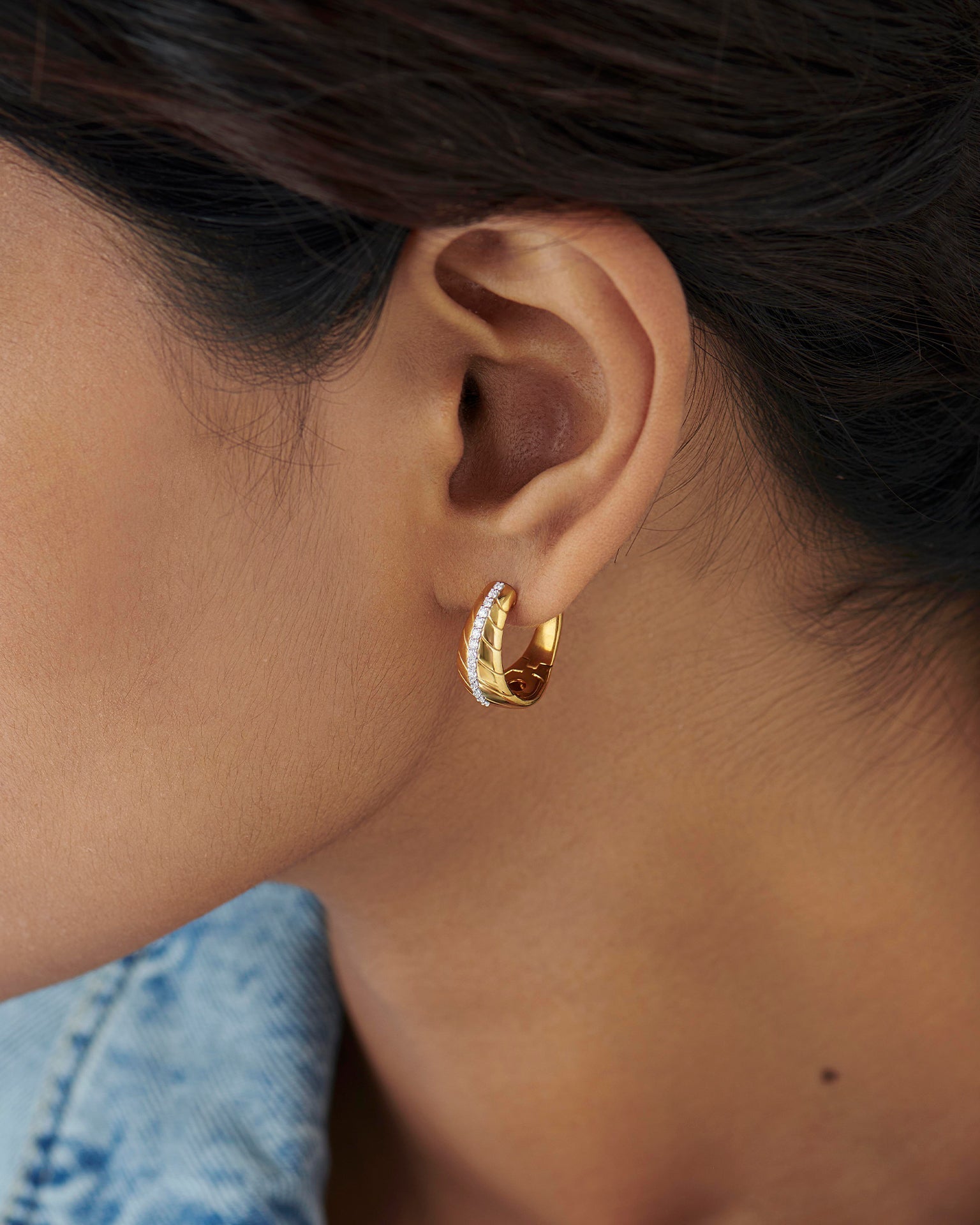 Bold Texture Diamond Hoops, 14K Solid Gold, 1/5 ct Lab Grown Diamond-2