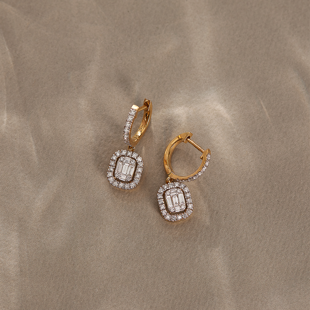 Rectangle Halo Diamond Hoops, 14K Solid Gold, 7/8 ct Lab Grown Diamond-1