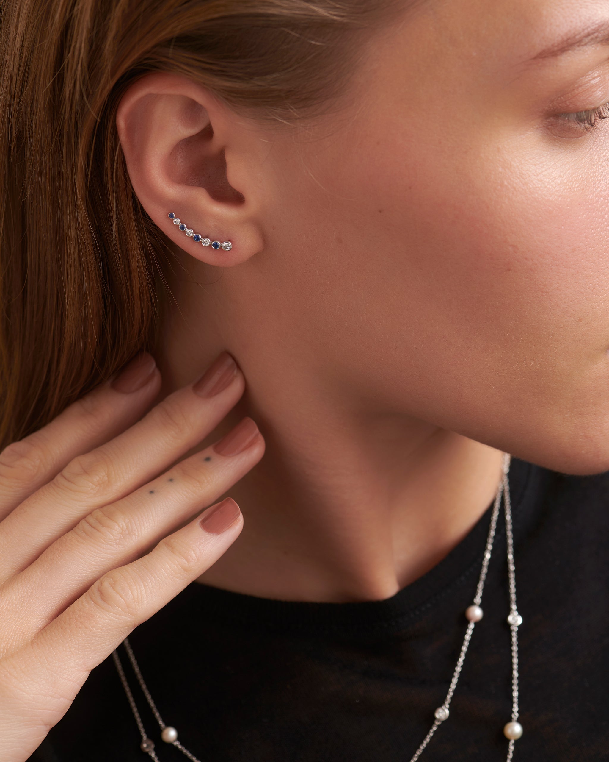 Created Sapphire Diamond Climber Earrings, 10K Solid Gold, 1/6 ct Lab Grown Diamond-4