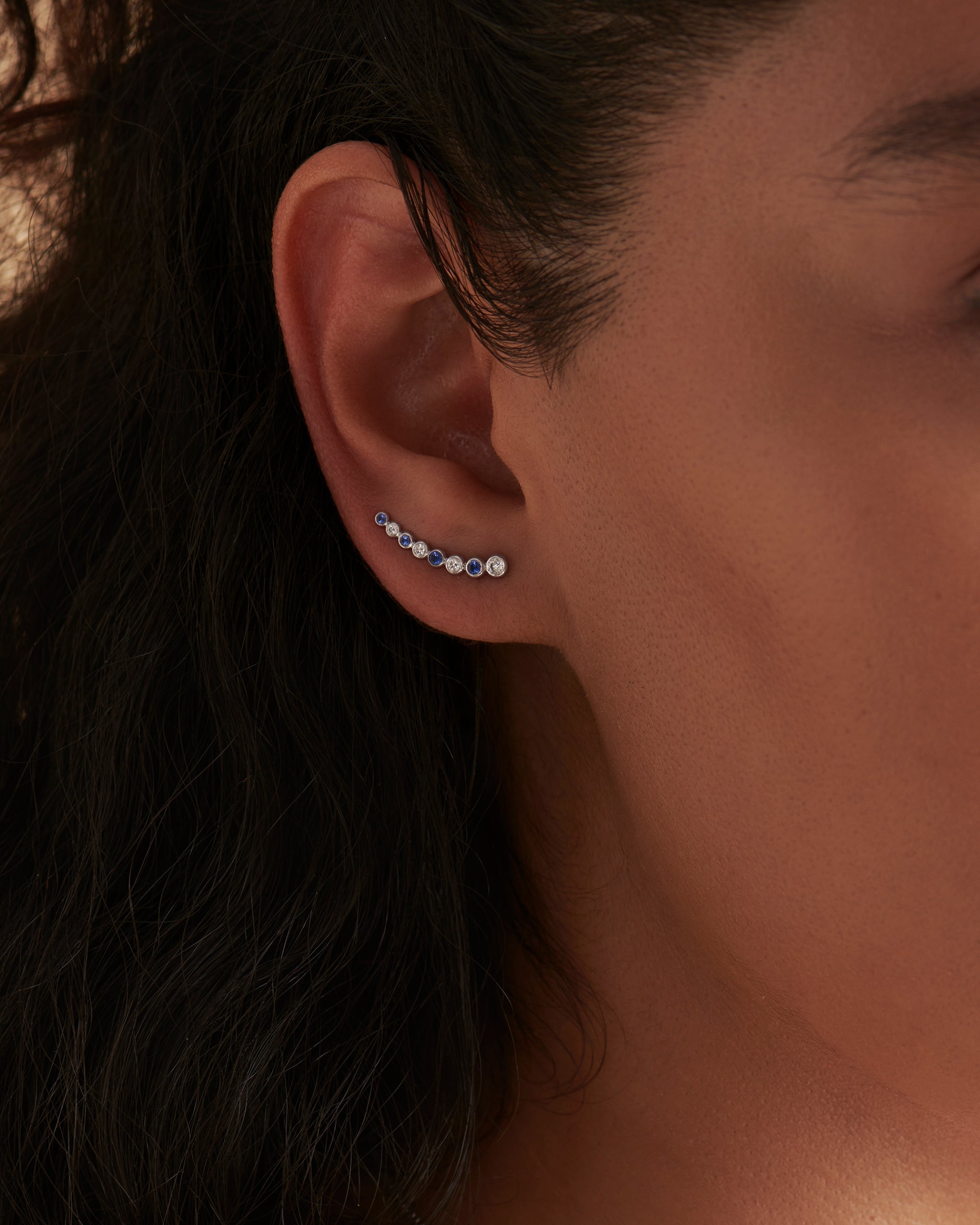 Created Sapphire Diamond Climber Earrings, 10K Solid Gold, 1/6 ct Lab Grown Diamond-2