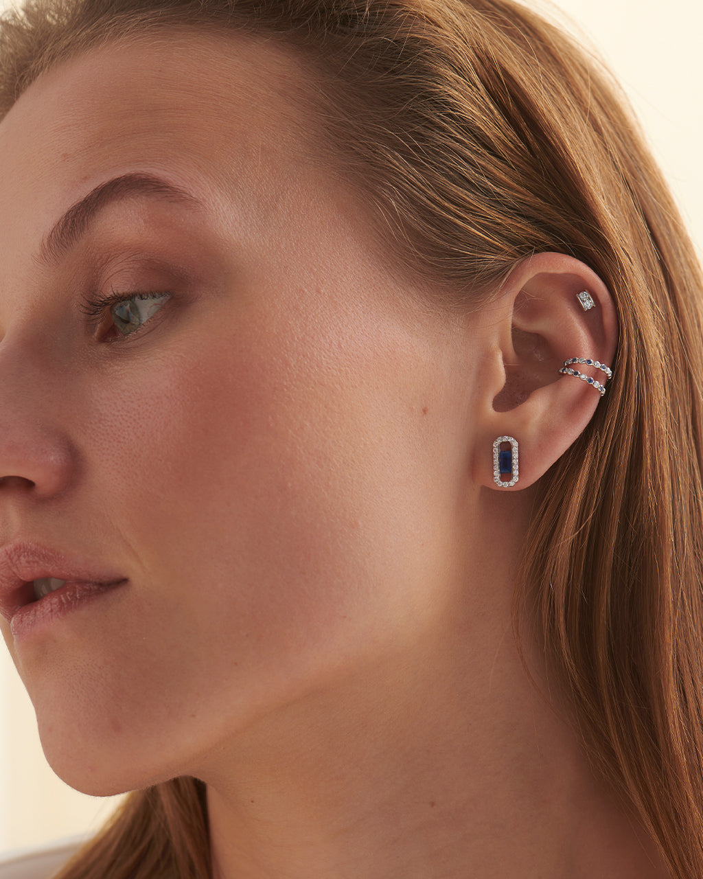 Created Sapphire Ear Cuffs, 10K Solid Gold, 1/6 ct Lab Grown Diamond-4