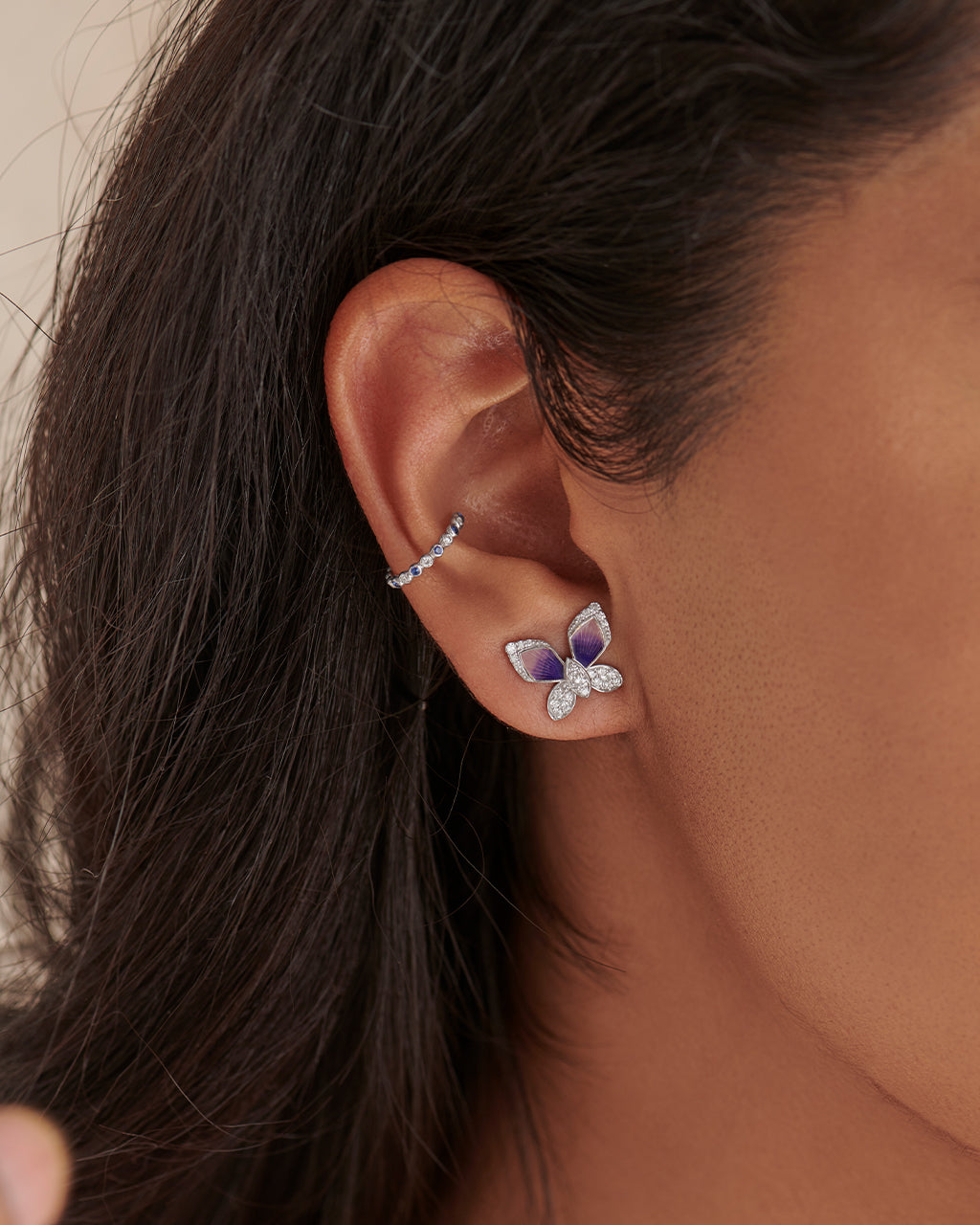 Created Sapphire Ear Cuffs, 10K Solid Gold, 1/6 ct Lab Grown Diamond-2