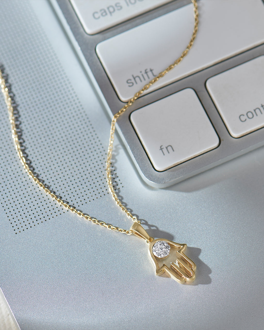Hamsa Hand Diamond Necklace, 14K Gold Vermeil, 1/20 ct Lab Grown Diamond-6