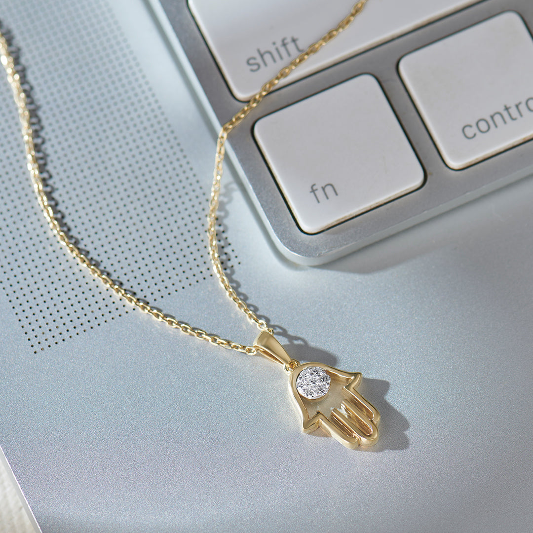 Hamsa Hand Diamond Necklace, 14K Gold Vermeil, 1/20 ct Lab Grown Diamond-1