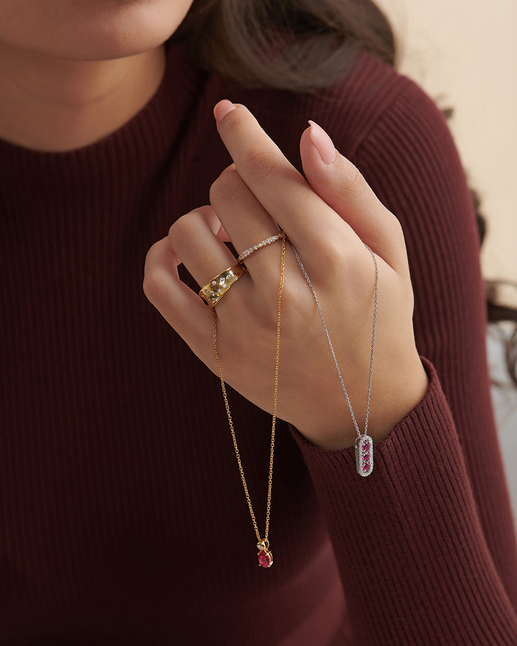 Created Ruby Paperclip Necklace, 14K Solid Gold, 1/5 ct Lab Grown Diamond-2