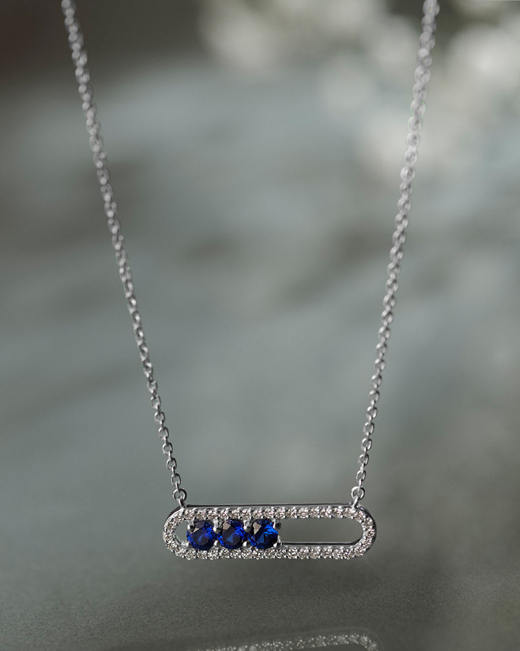 Horizontal Paperclip Necklace In Blue, 14K Solid Gold, 1/5 ct Lab Grown Diamond-6
