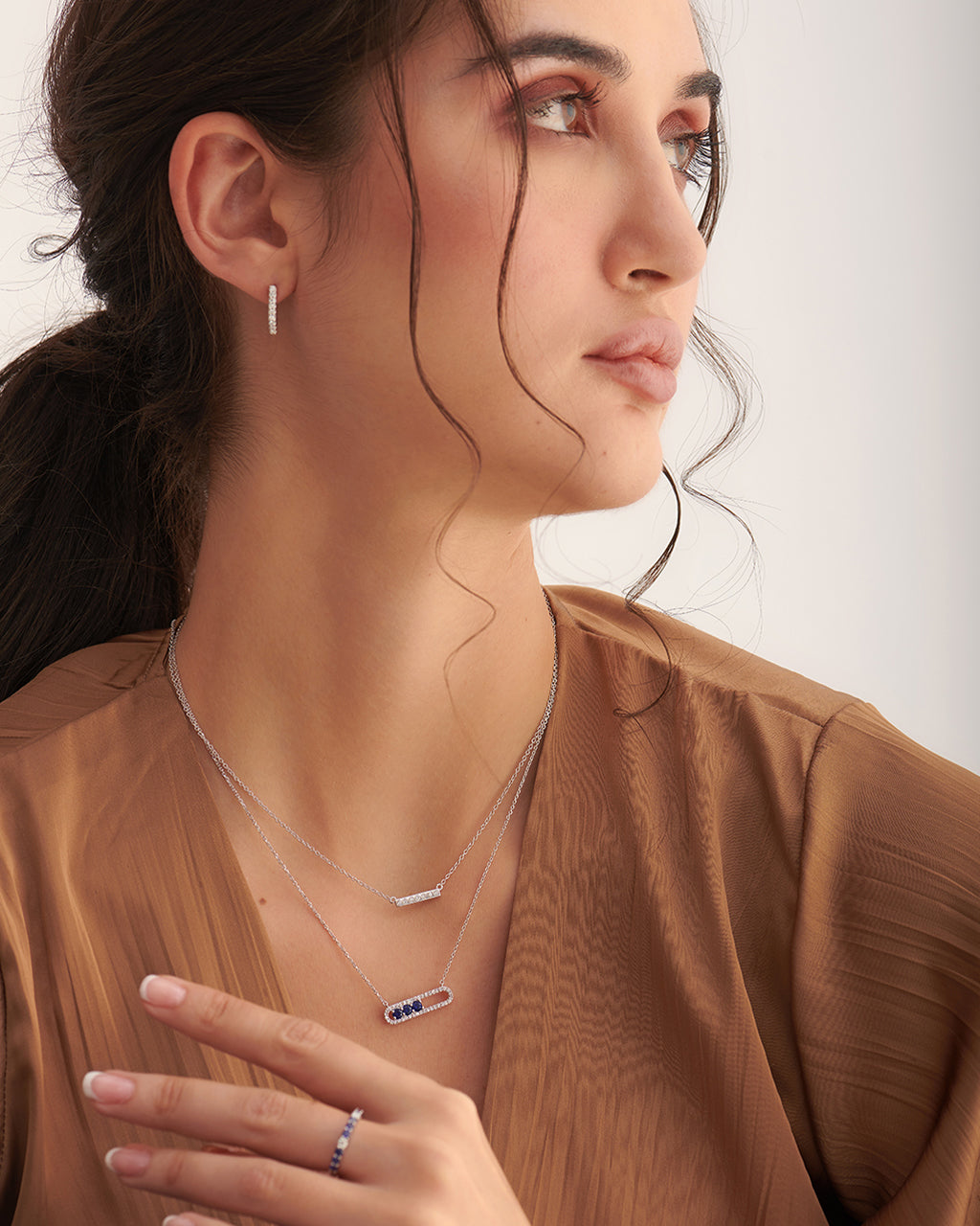 Horizontal Paperclip Necklace In Blue, 14K Solid Gold, 1/5 ct Lab Grown Diamond-2