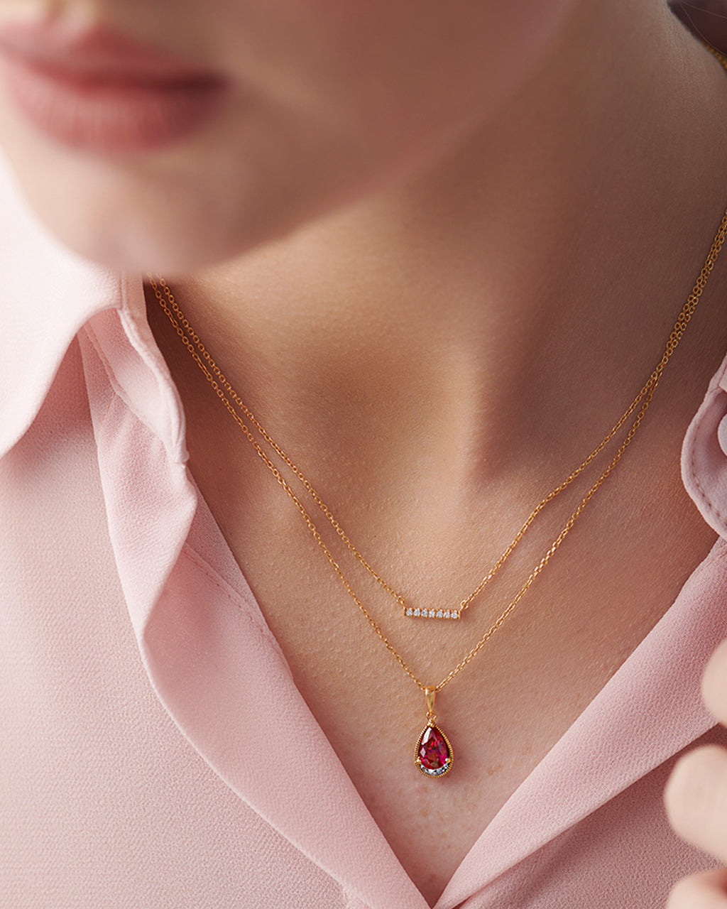 Pear Ruby & Diamond Necklace, 14K Gold Vermeil, 1/20 ct Lab Grown Diamond-2