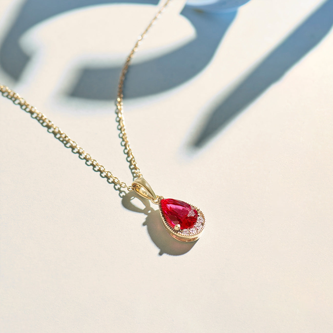Pear Ruby & Diamond Necklace, 14K Gold Vermeil, 1/20 ct Lab Grown Diamond-1