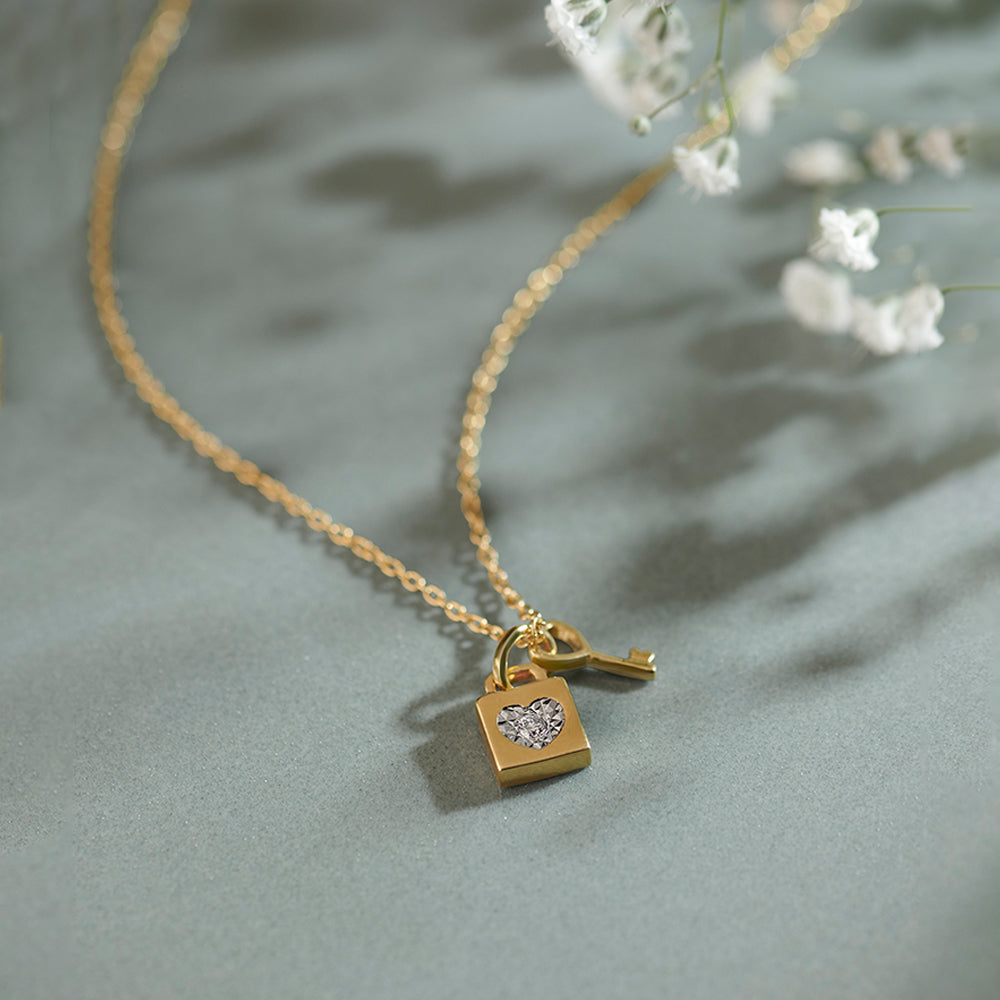 Lock & Key Diamond Necklace, 14K Solid Gold, 1/20 ct Lab Grown Diamond-1