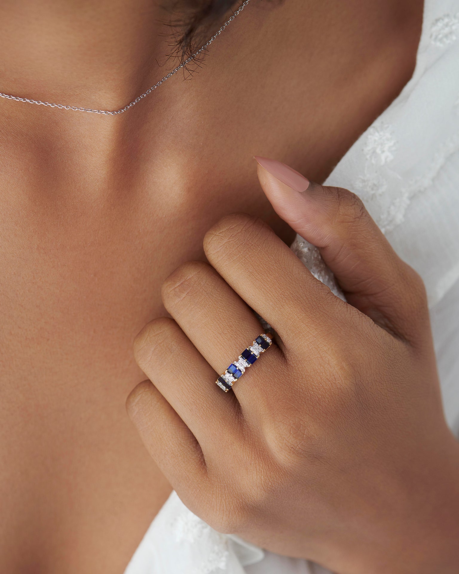 Created Sapphire Majestic Band, 14K Solid Gold, 1/8 ct Lab Grown Diamond-4
