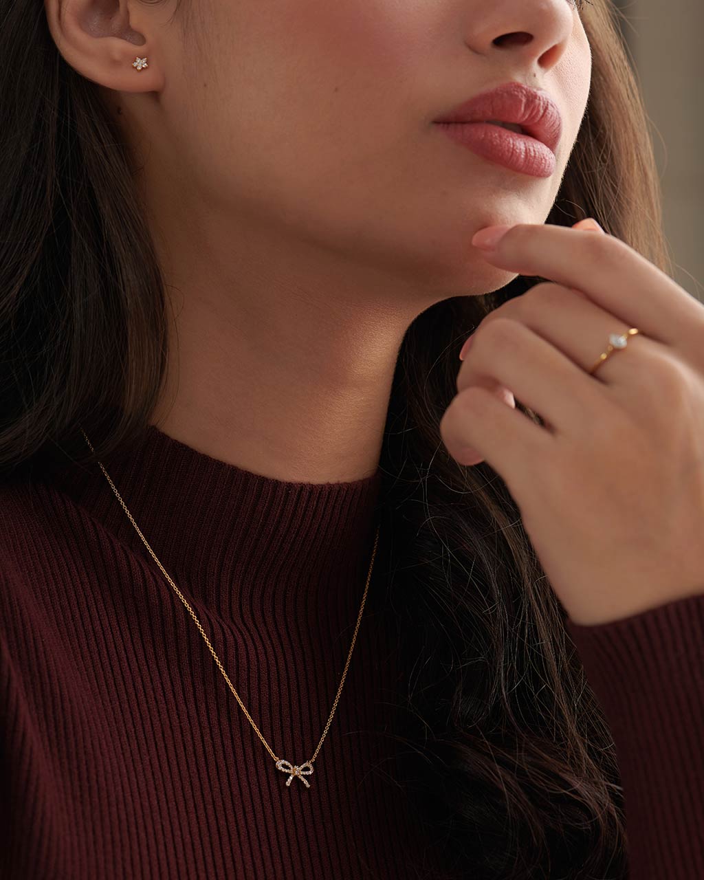 Bow Diamond Necklace, 14K Solid Gold, 1/5 ct Lab Grown Diamond-2