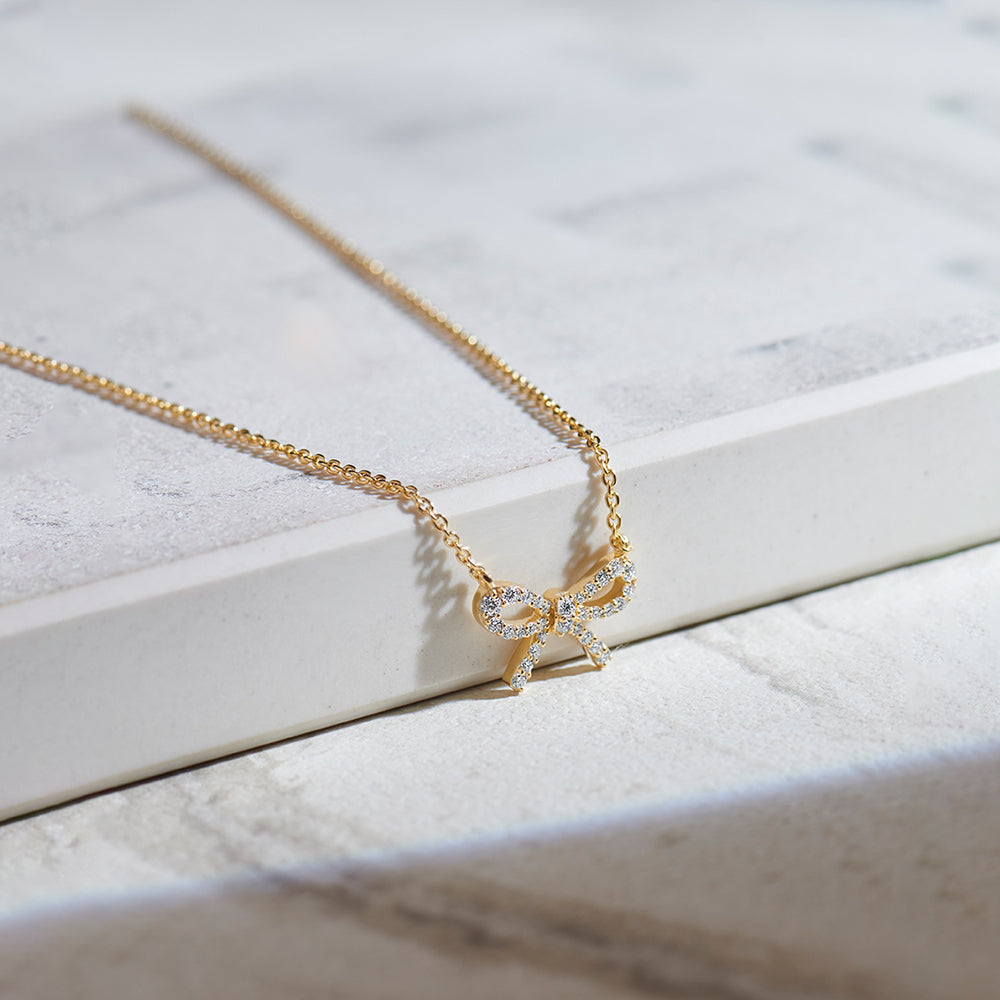 Bow Diamond Necklace, 14K Solid Gold, 1/5 ct Lab Grown Diamond-1
