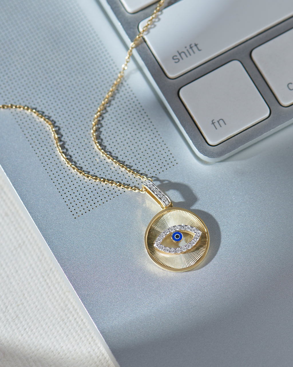 Round Evil Eye Diamond Necklace, 14K Gold Vermeil, 1/6 ct Lab Grown Diamond-5
