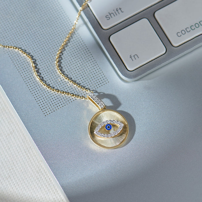 Round Evil Eye Diamond Necklace, 14K Gold Vermeil, 1/6 ct Lab Grown Diamond-1