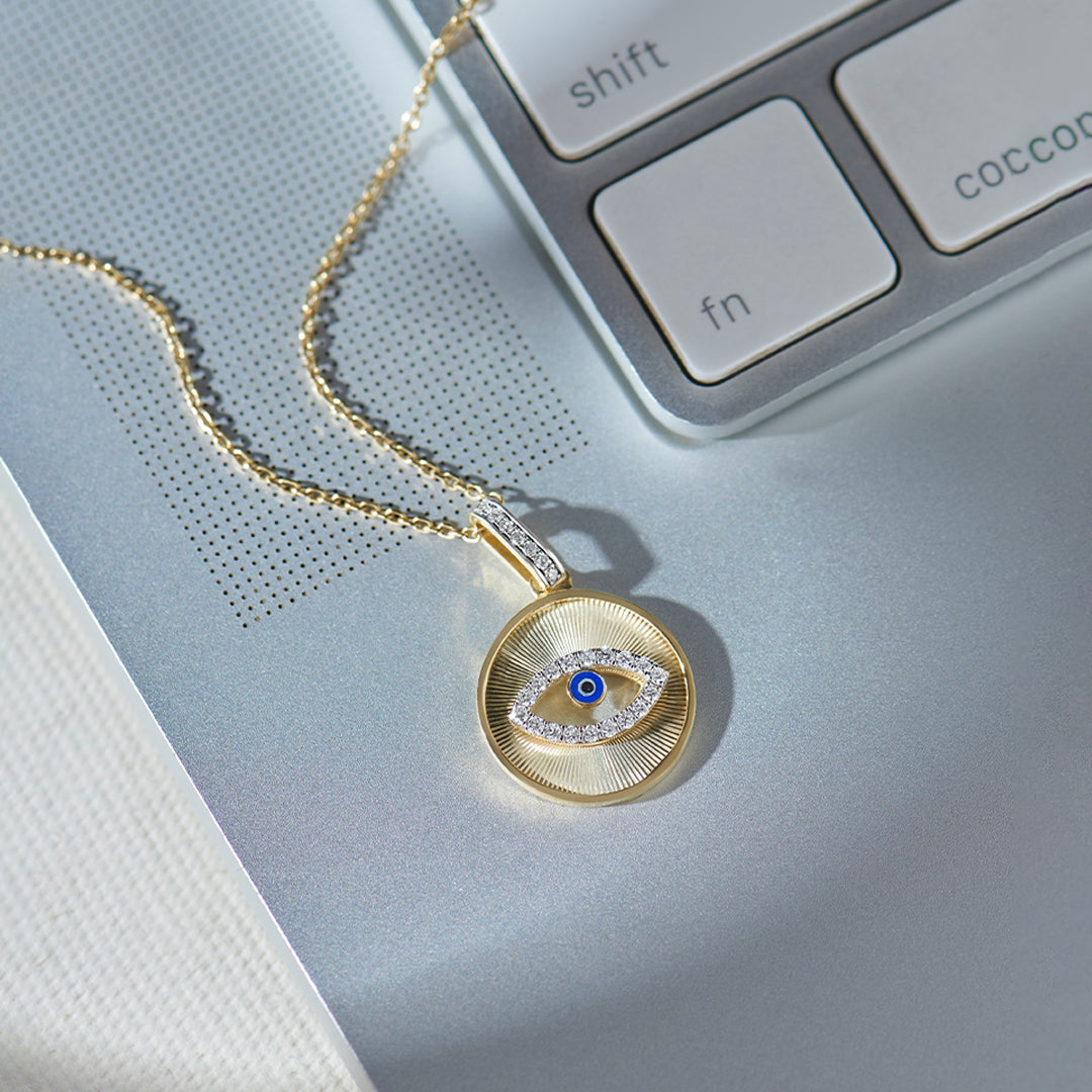 Round Evil Eye Diamond Necklace, 14K Gold Vermeil, 1/6 ct Lab Grown Diamond-1