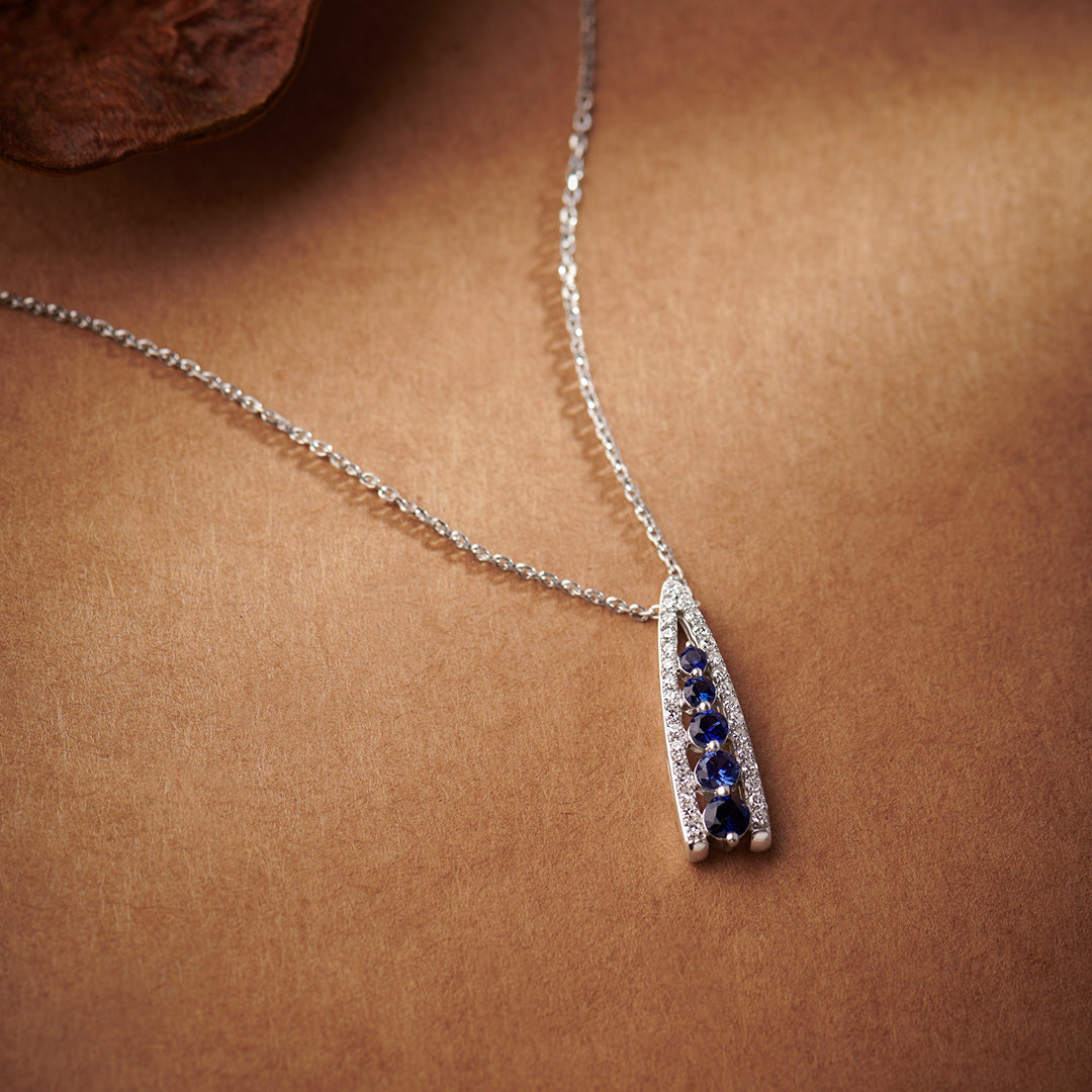 Created Sapphire Wishbone Necklace, Sterling Silver, 1/5 ct Lab Grown Diamond-1