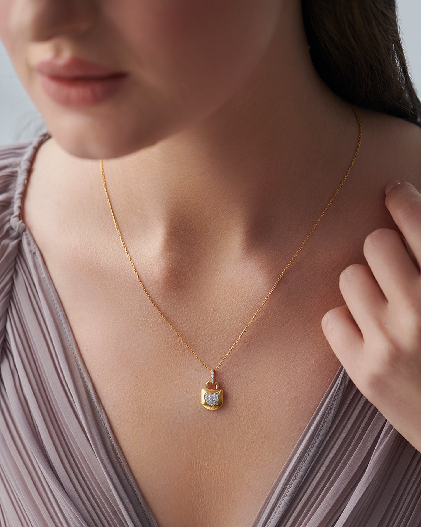 Heart Lock Cluster Diamond Necklace, 14K Solid Gold, 1/6 ct Lab Grown Diamond-5