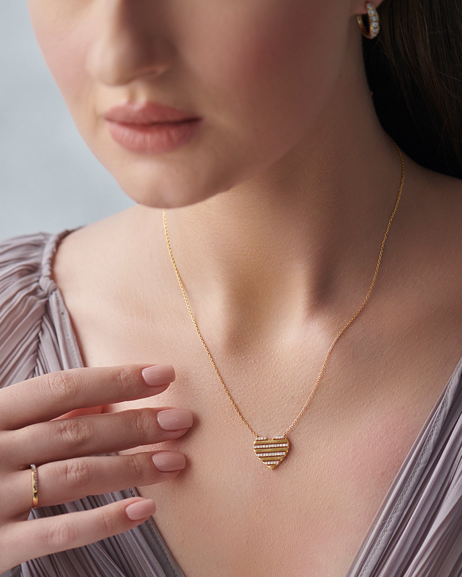 Pin Striped Heart Diamond Necklace, 14K Solid Gold, 1/5 ct Lab Grown Diamond-5