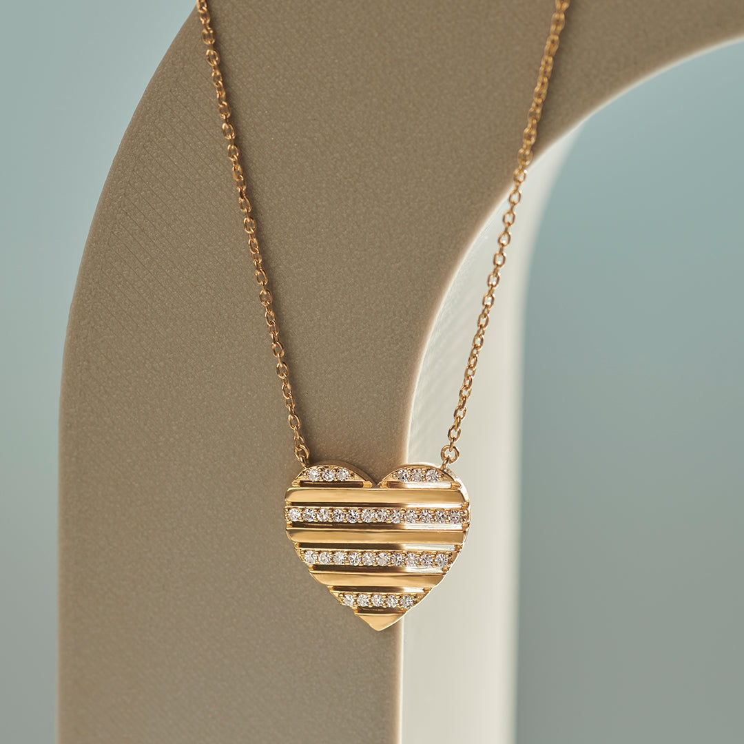 Pin Striped Heart Diamond Necklace, 14K Solid Gold, 1/5 ct Lab Grown Diamond-1