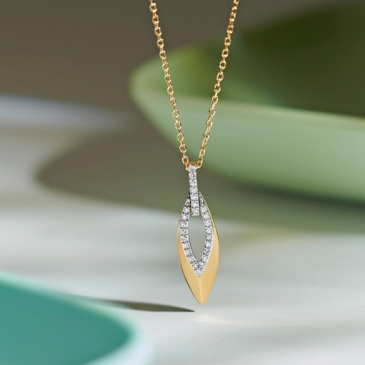 Hollow Leaf Diamond Necklace, 14K Solid Gold, 1/6 ct Lab Grown Diamond-1