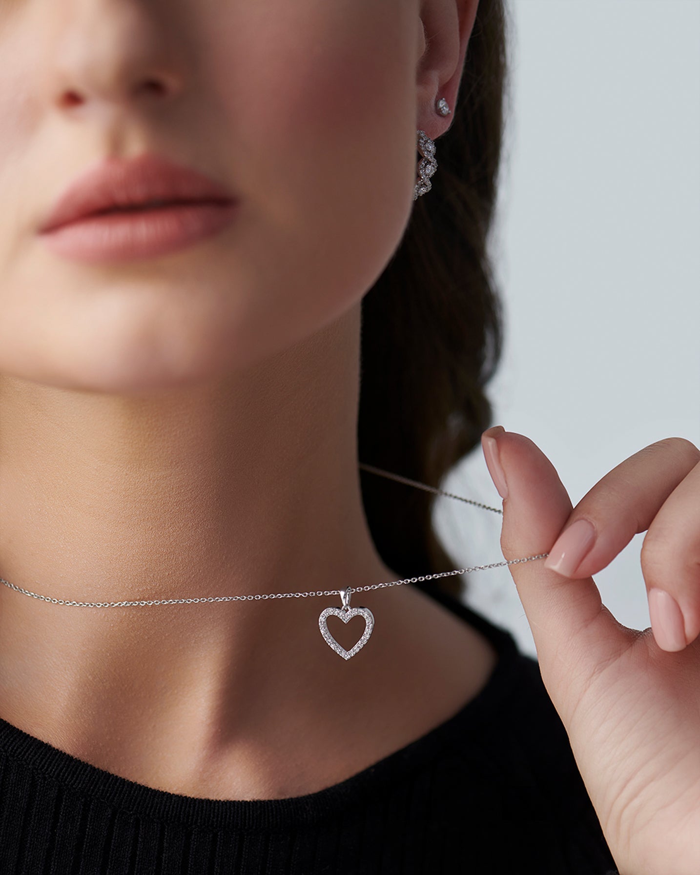 Hollow Heart Diamond Necklace, Sterling Silver, 1/5 ct Lab Grown Diamond-5