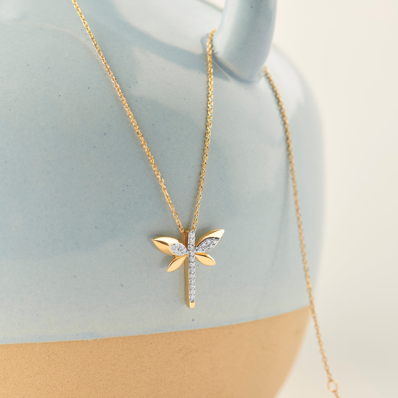 Dragonfly Diamond Necklace, 14K Solid Gold, 1/6 ct Lab Grown Diamond-1