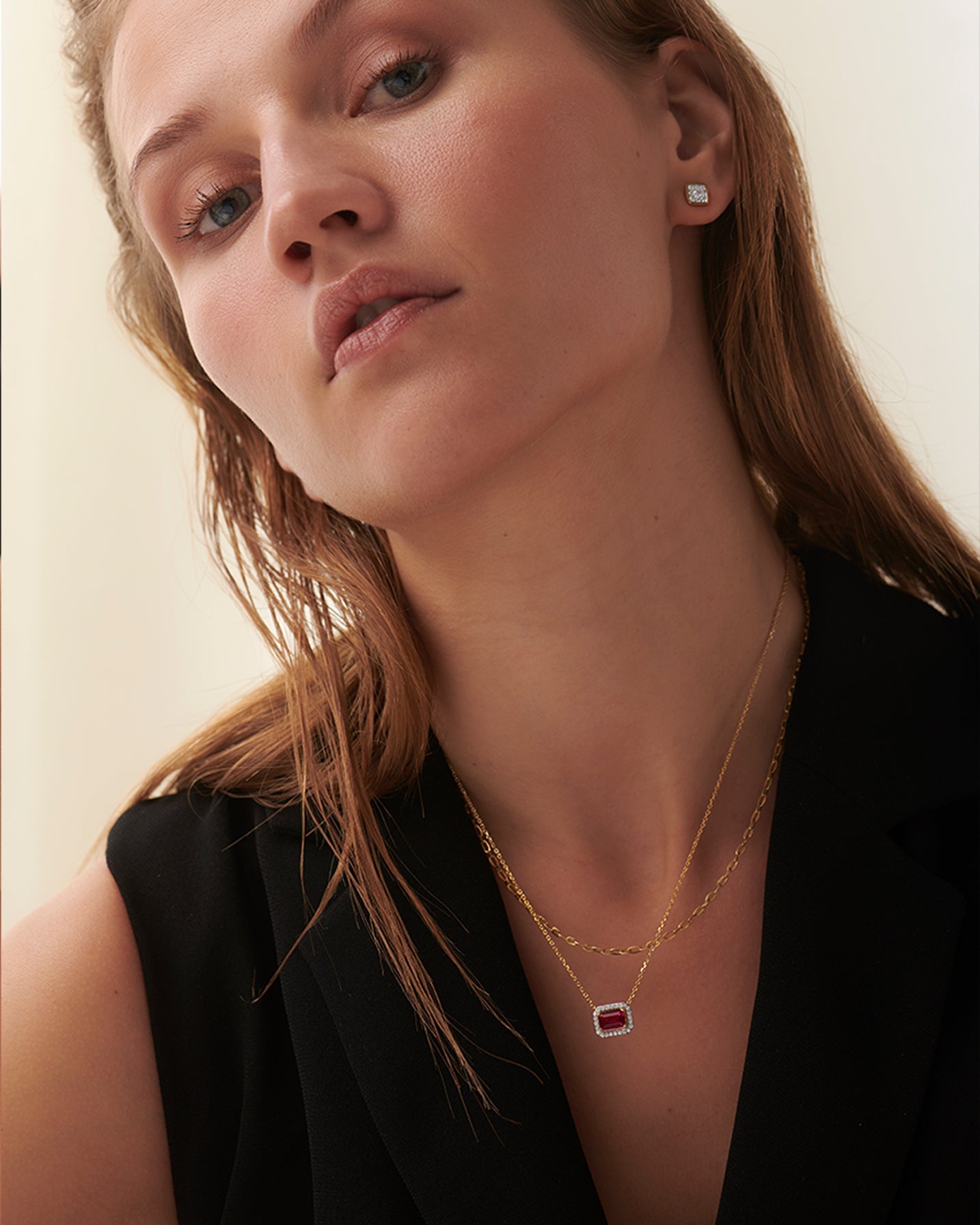 Created Ruby Halo Diamond Necklace, 14K Gold Vermeil, 1/8 ct Lab Grown Diamond-4