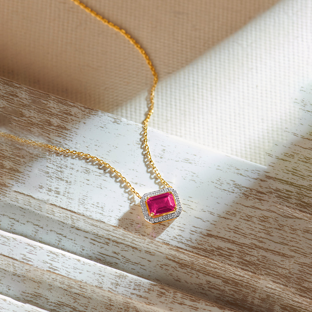 Created Ruby Halo Diamond Necklace, 14K Gold Vermeil, 1/8 ct Lab Grown Diamond-1