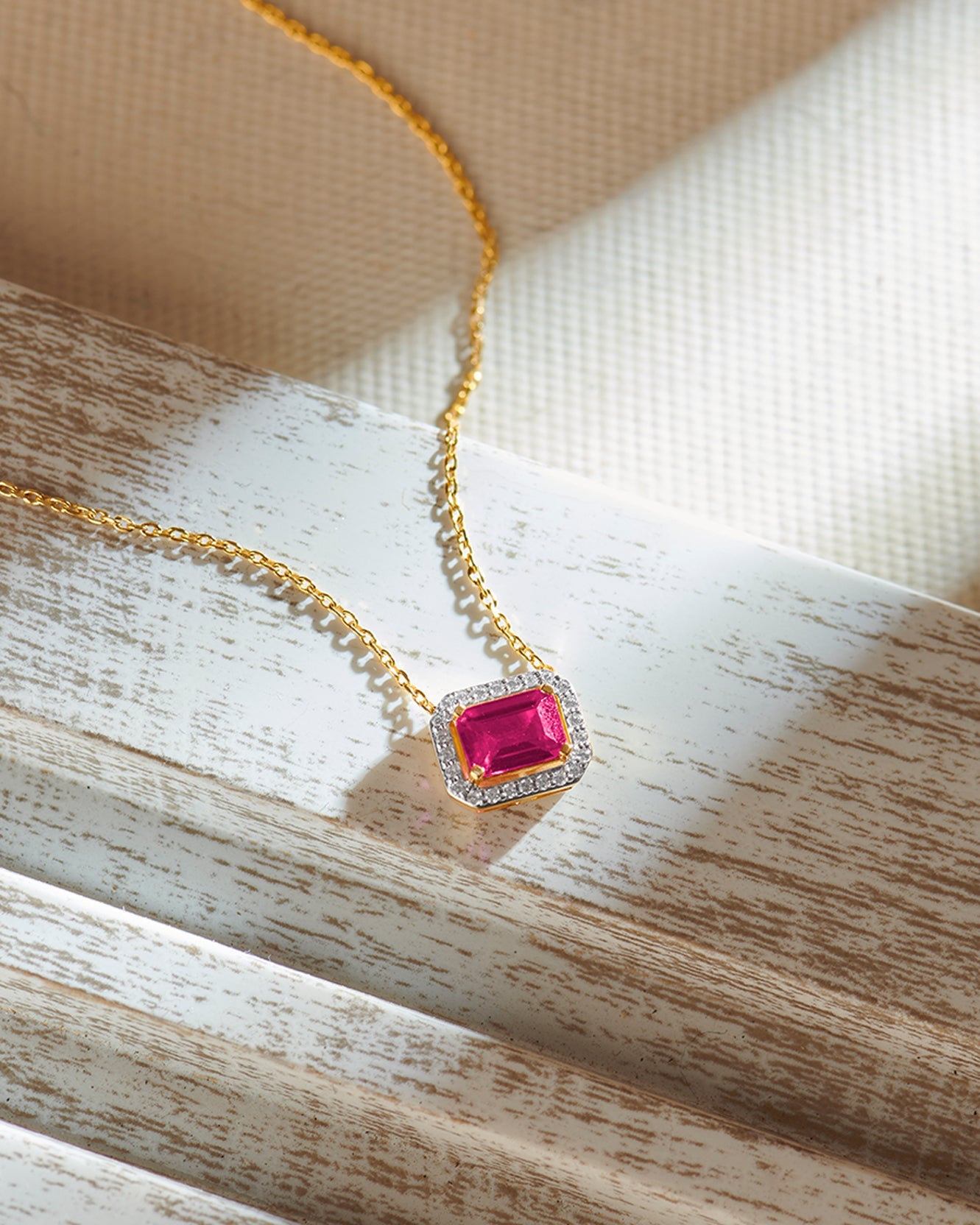 Created Ruby Halo Diamond Necklace, 14K Gold Vermeil, 1/8 ct Lab Grown Diamond-6