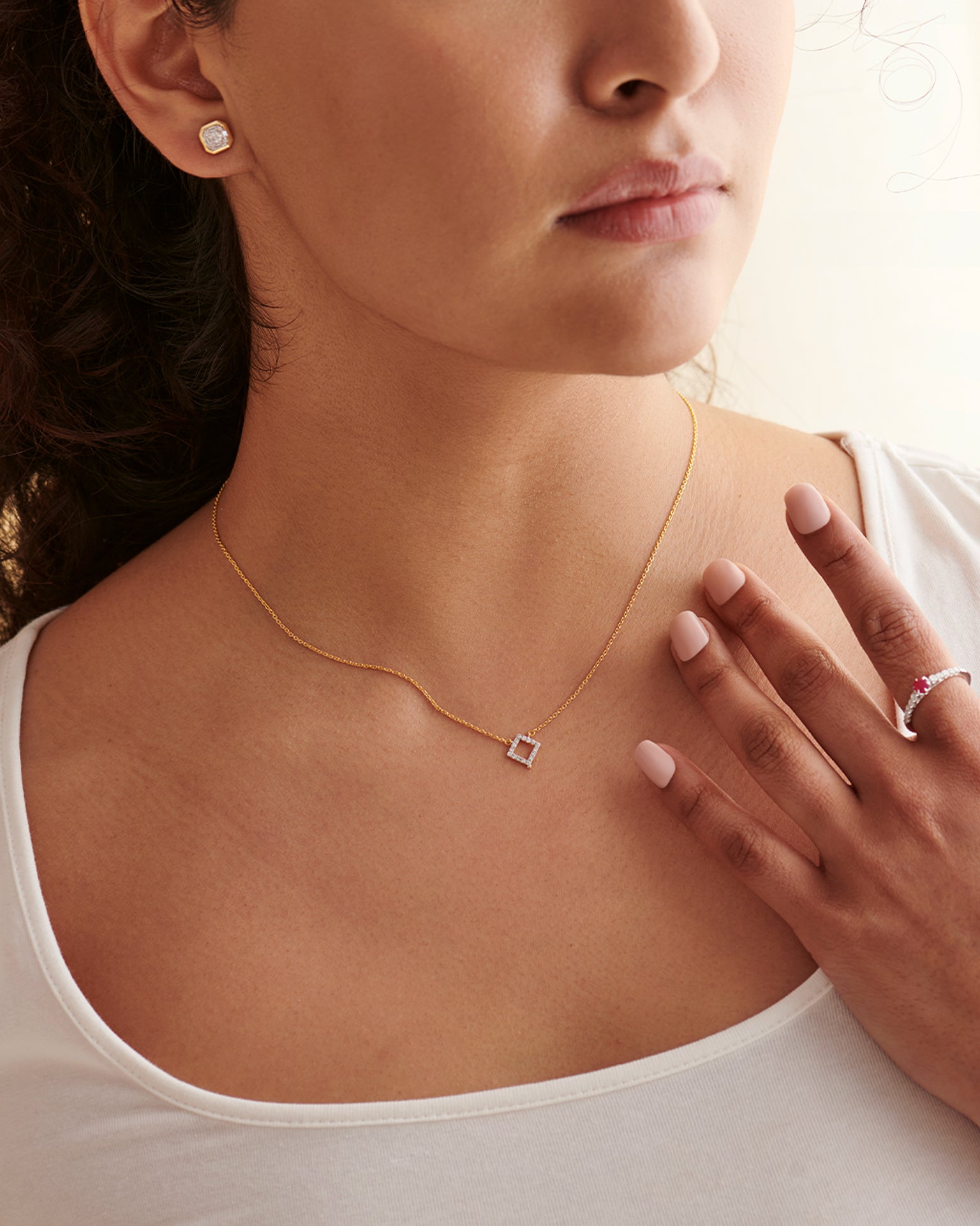 Minimal Square Necklace, 14K Solid Gold, 1/8 ct Lab Grown Diamond-4
