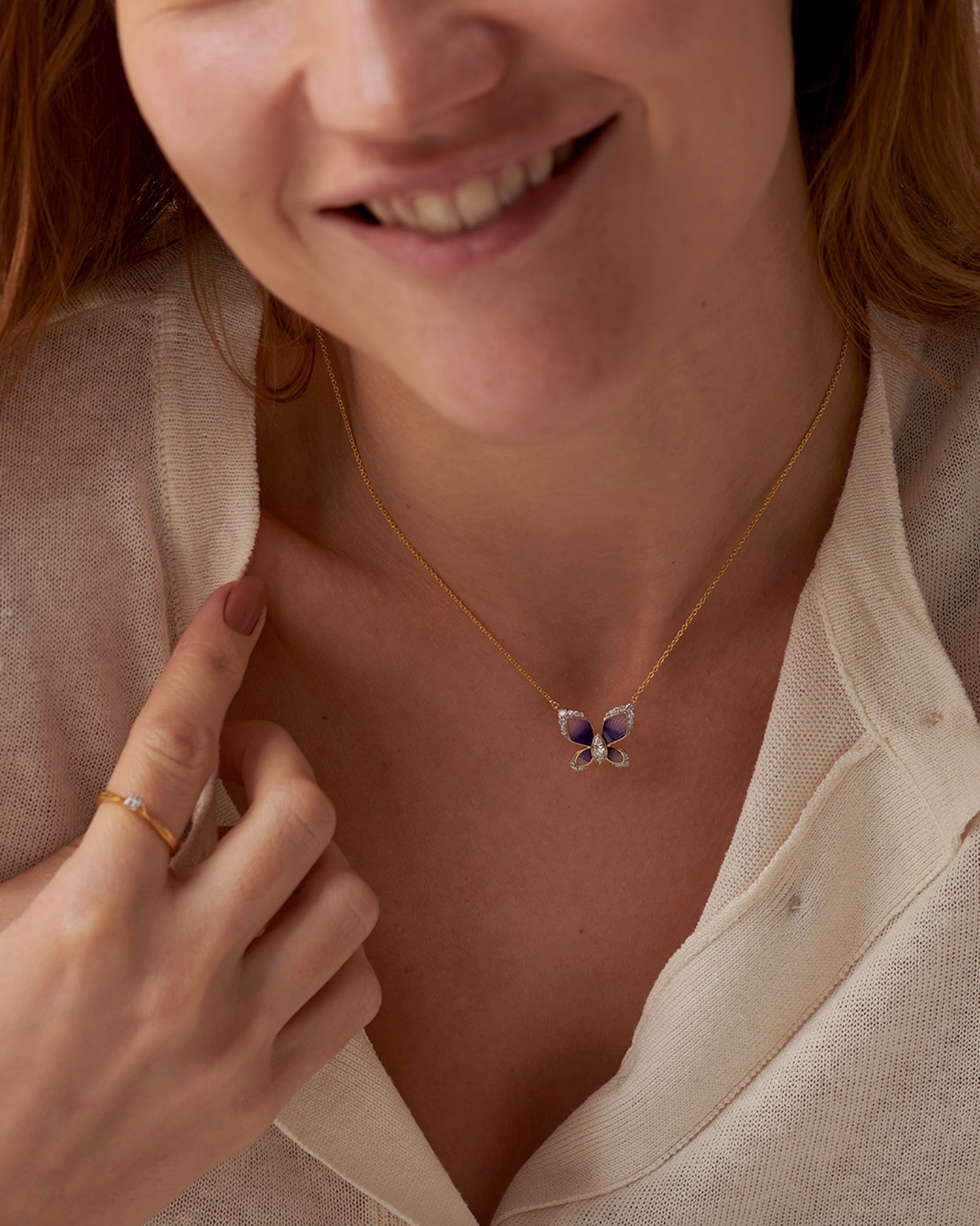 Enamel Butterfly Necklace, 14K Solid Gold, 1/4 ct Lab Grown Diamond-4