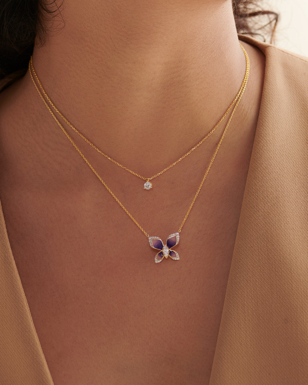 Enamel Butterfly Necklace, 14K Solid Gold, 1/4 ct Lab Grown Diamond-2