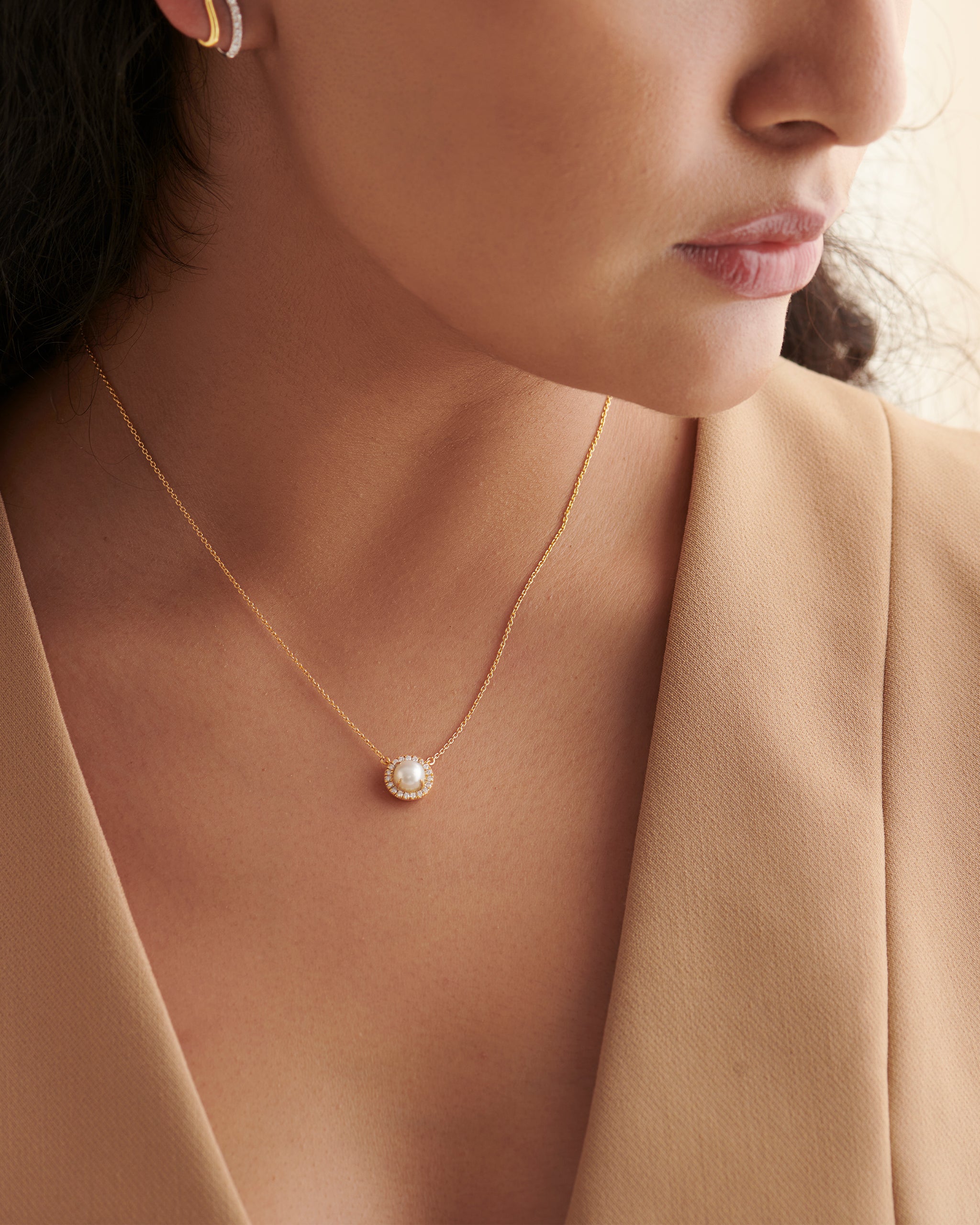Classic Pearl Diamond Necklace, 14K Solid Gold, 1/5 ct Lab Grown Diamond-2