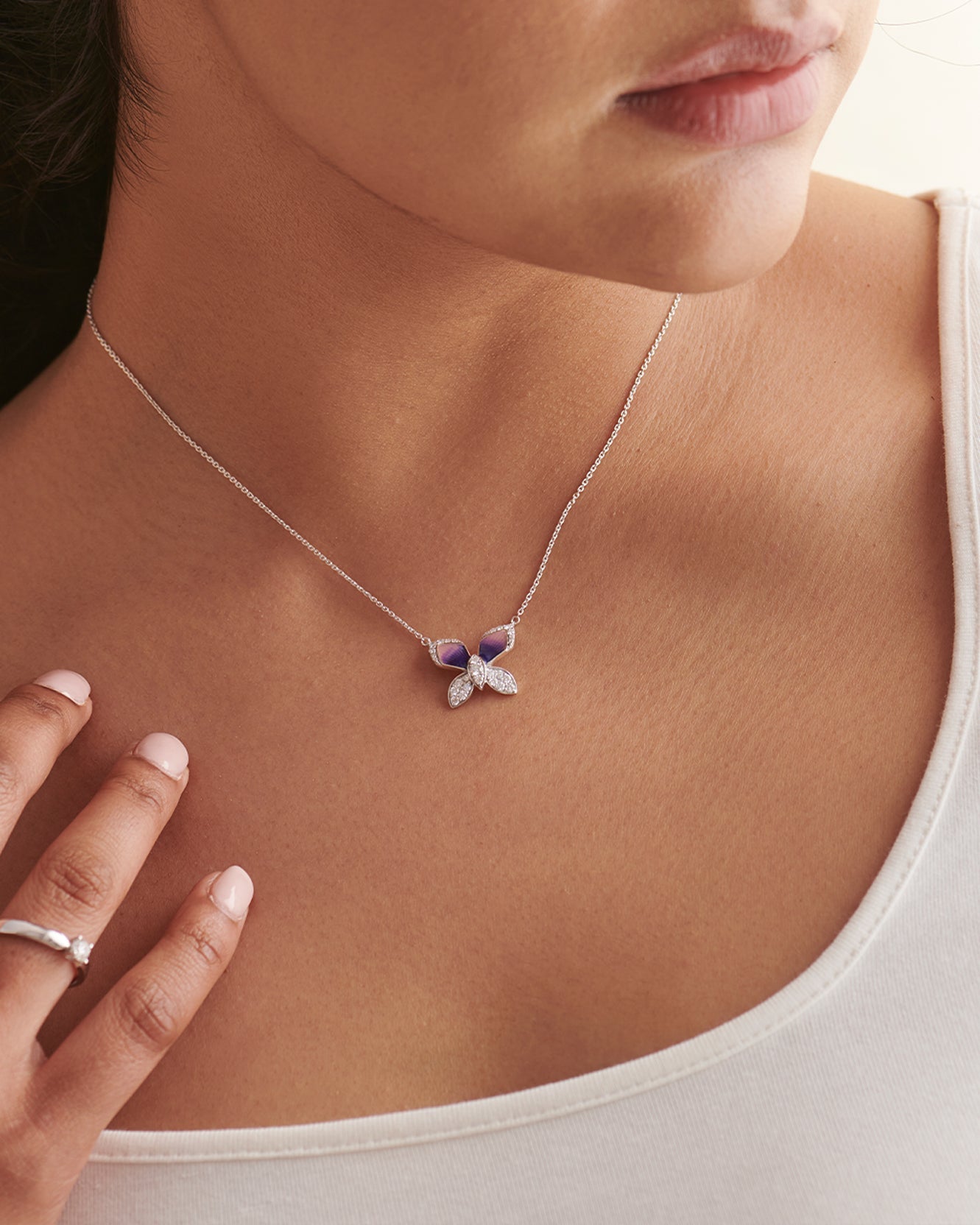 Butterfly Enamel Diamond Necklace, Sterling Silver, 3/8 ct Lab Grown Diamond-2