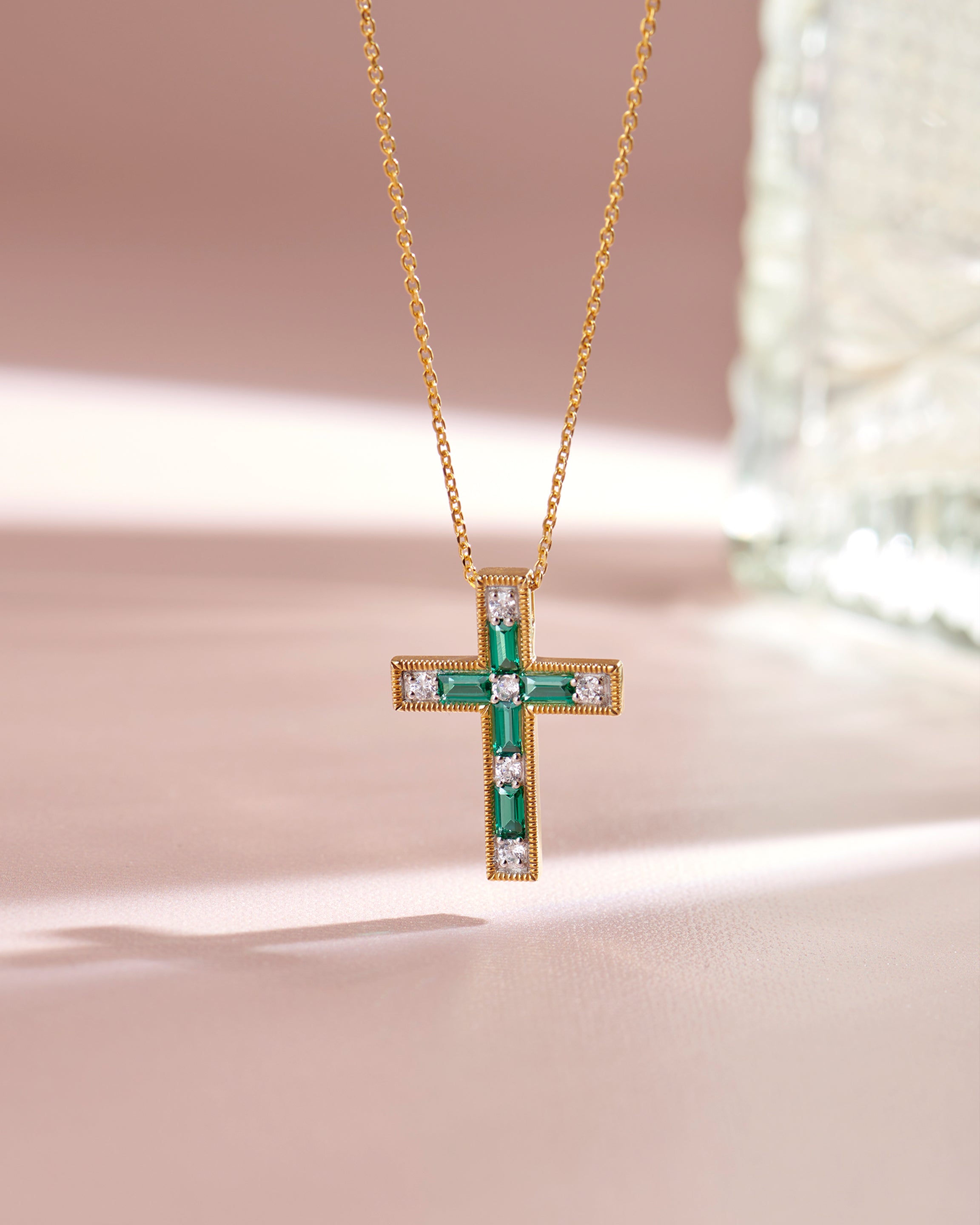 Created Emerald Cross Necklace|14K Gold Vermeil Lab Grown Diamond