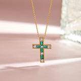 Created Emerald Cross Necklace, 14K Gold Vermeil, 1/5 ct Lab Grown Diamond-6