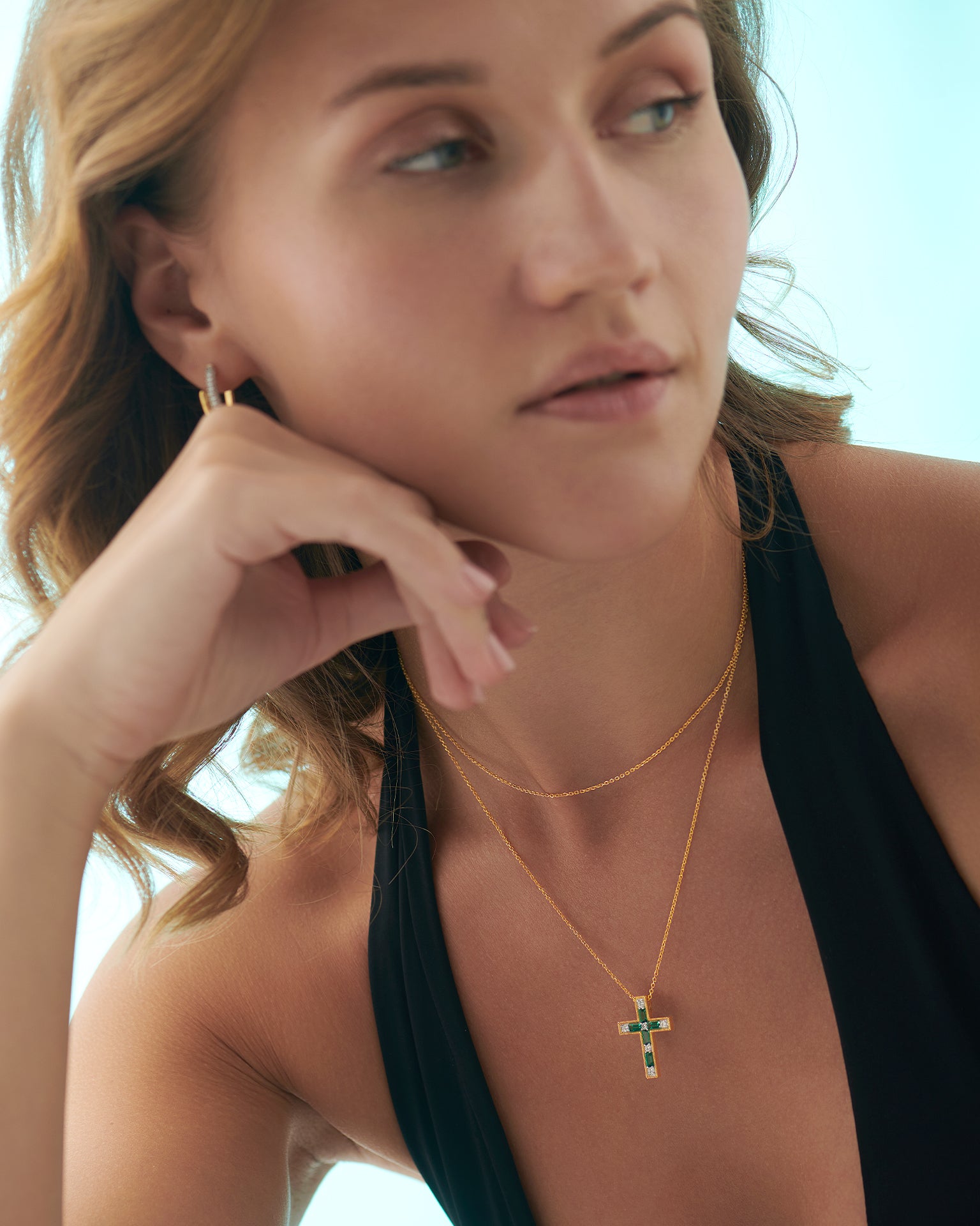 Created Emerald Cross Necklace, 14K Gold Vermeil, 1/5 ct Lab Grown Diamond-2