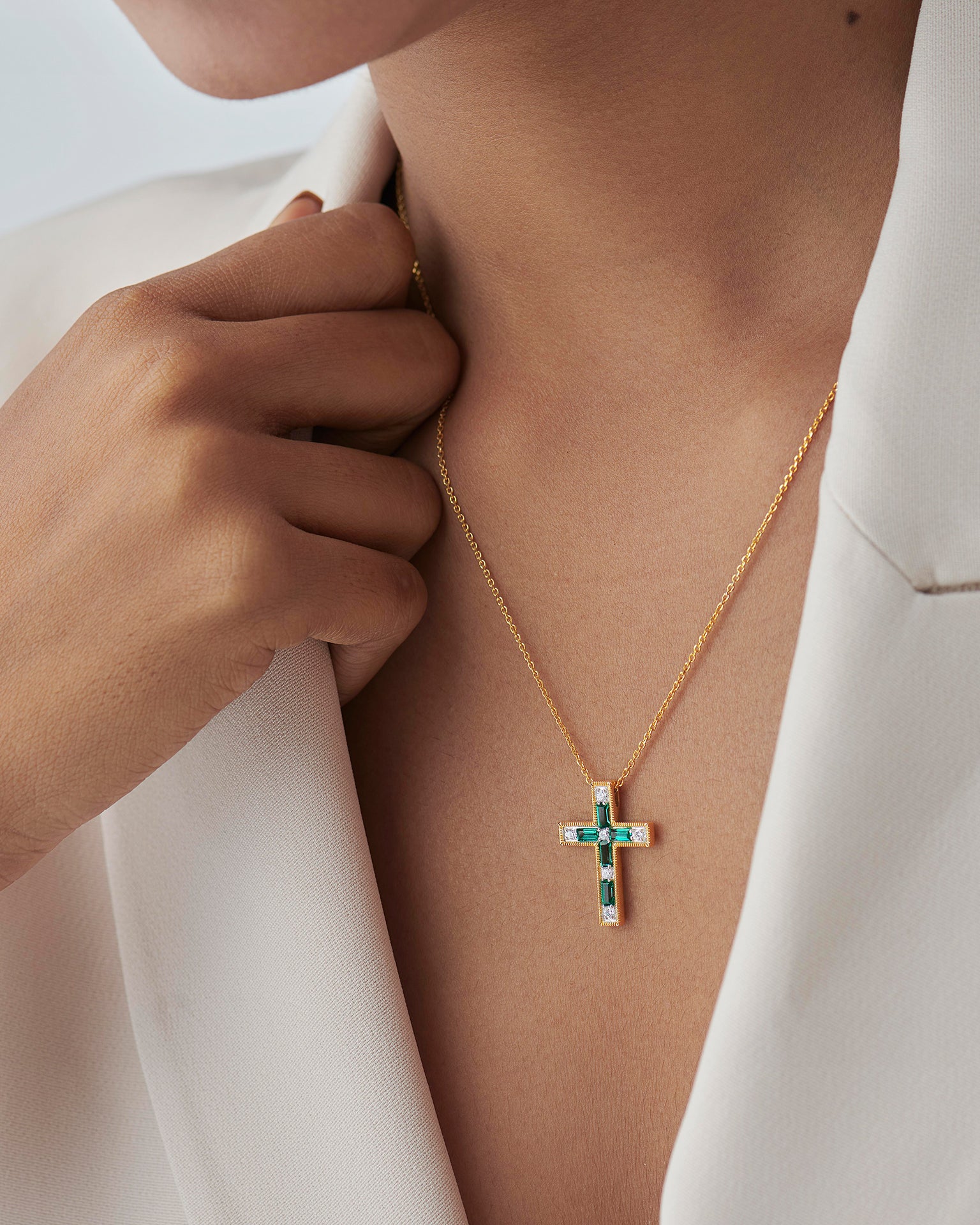 Created Emerald Cross Necklace, 14K Gold Vermeil, 1/5 ct Lab Grown Diamond-4