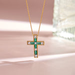 Created Emerald Cross Necklace, 14K Solid Gold, 1/5 ct Lab Grown Diamond-1