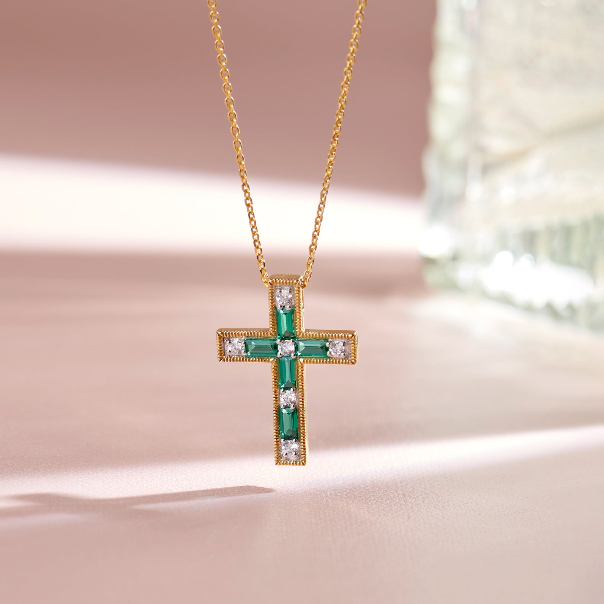 Created Emerald Cross Necklace, 14K Solid Gold, 1/5 ct Lab Grown Diamond-1